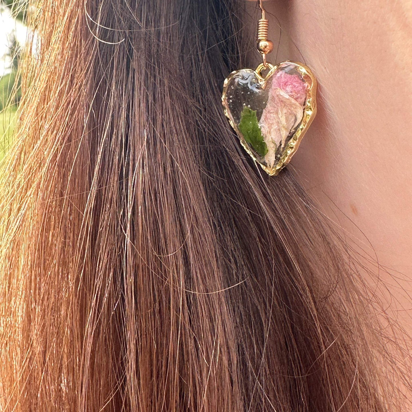 Heart Shaped Golden Flower Romantic Earring Set - Handmade with Real Dried Flowers