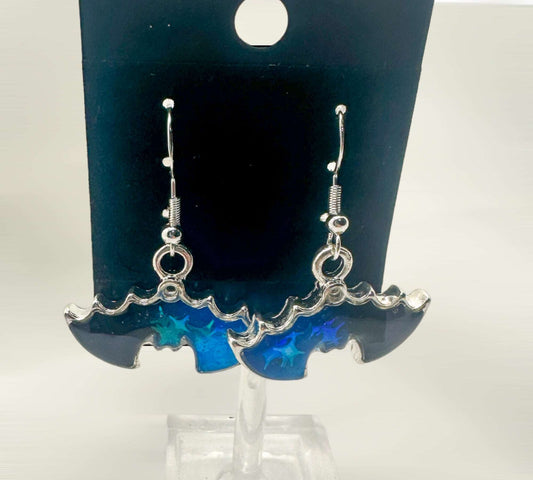Hanging Bat Earrings in blues and blacks, perfect gift idea for the Halloween Lovers