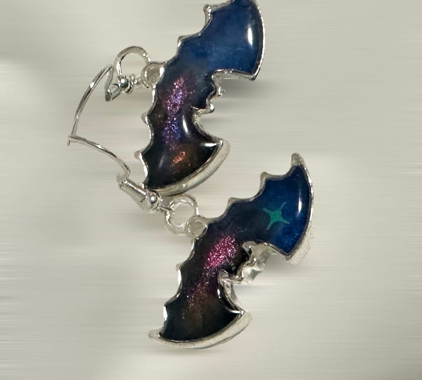 Hanging Bat Earrings with starts and colour shifting night colours