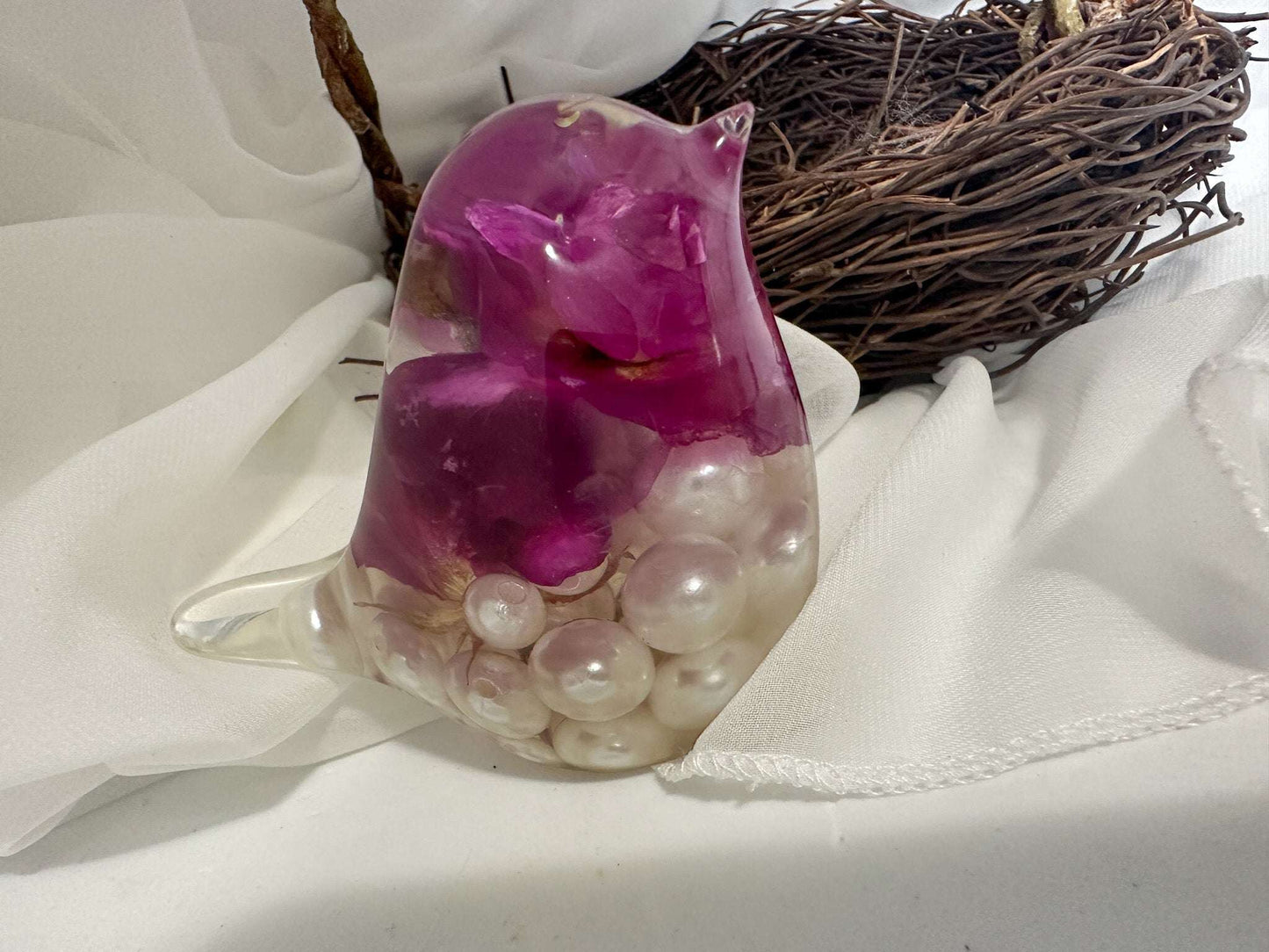 Bird Blooms & Pearls in Flight: Resin Filled with Real Dried Flowers -