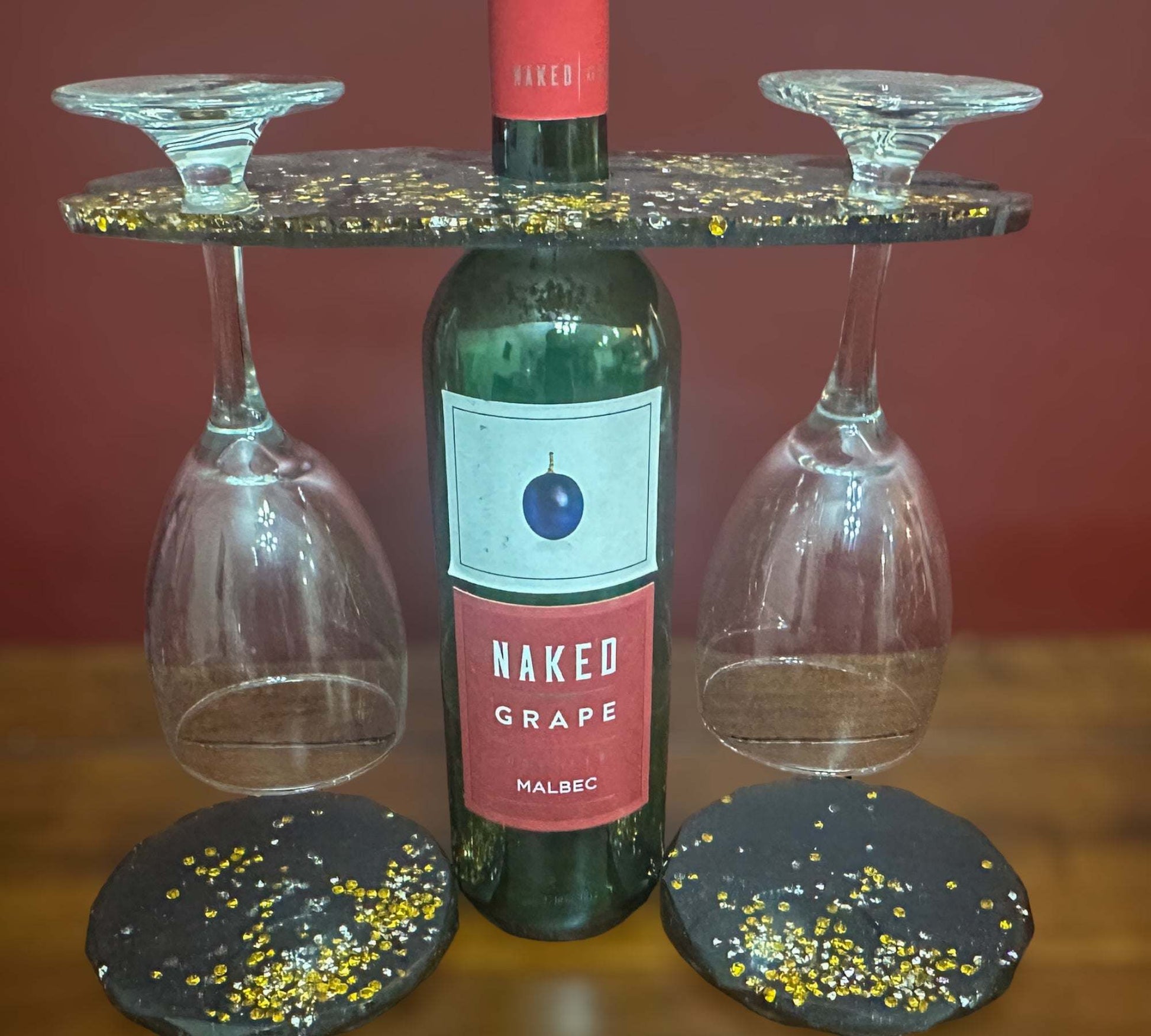Wine Glass Caddy with 2 Coasters - Diamond Noir Wine Elegance Set