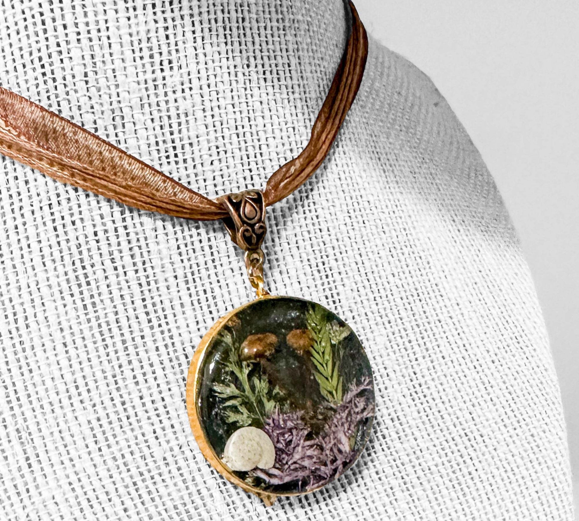Forest at Night - Resin Botanical Necklace with Mini Mushrooms & Ferns