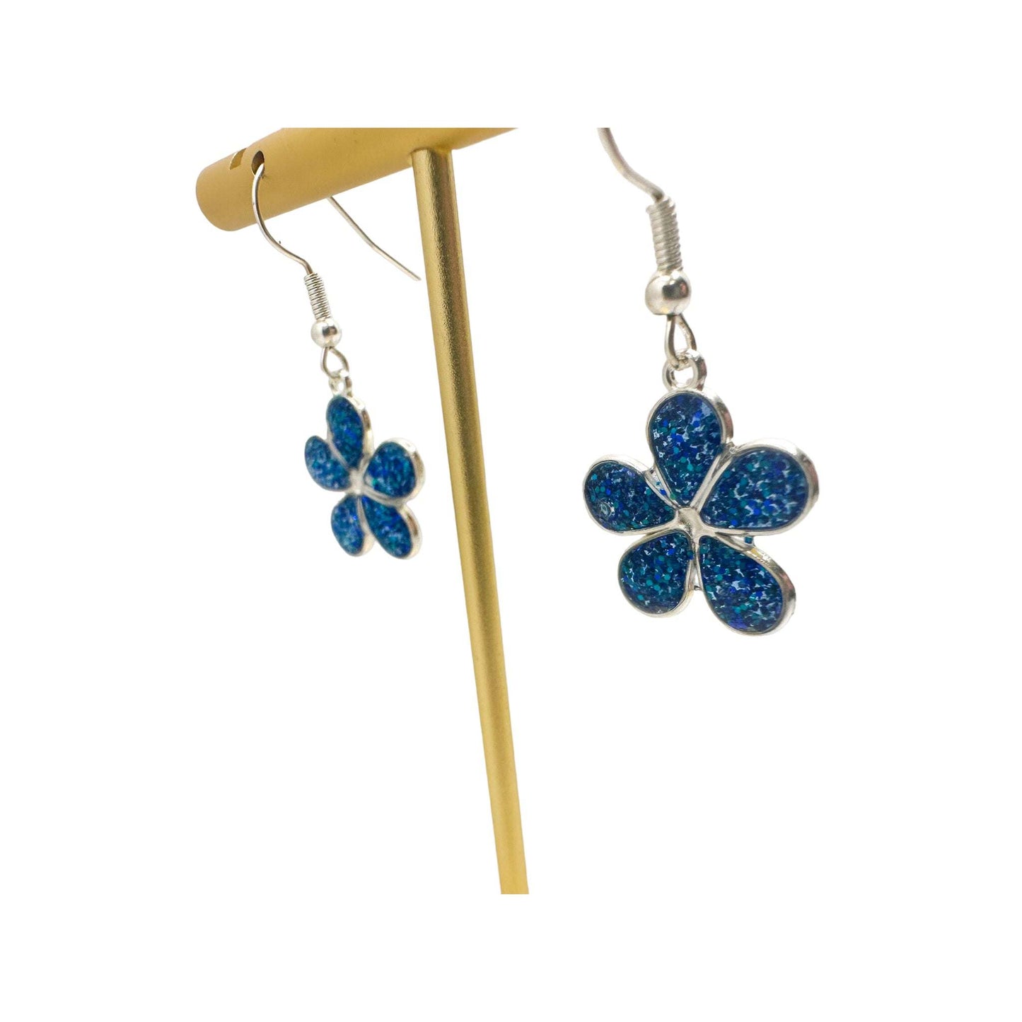 Flower Earrings - Blue Glitter & Silver Frame