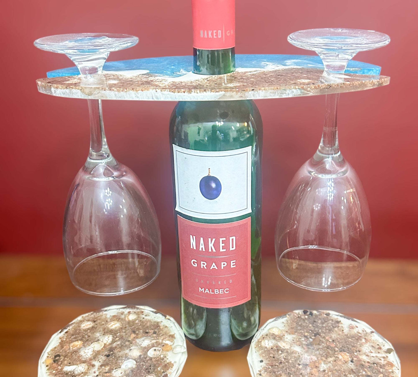 Wine Glass Caddy with 2 Coasters - Ocean Themed Handmade Resin Set