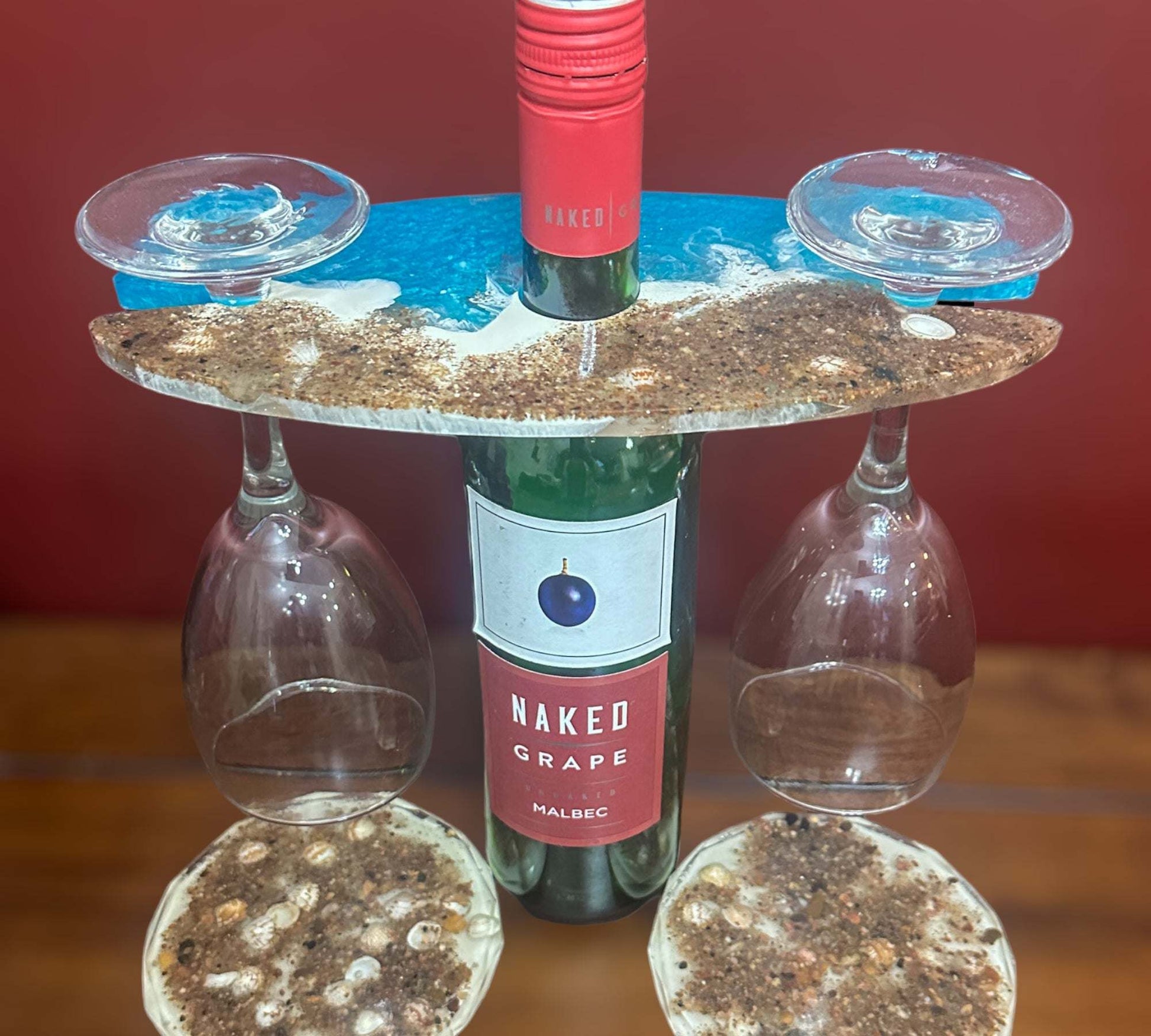 Wine Glass Caddy with 2 Coasters - Ocean Themed Handmade Resin Set