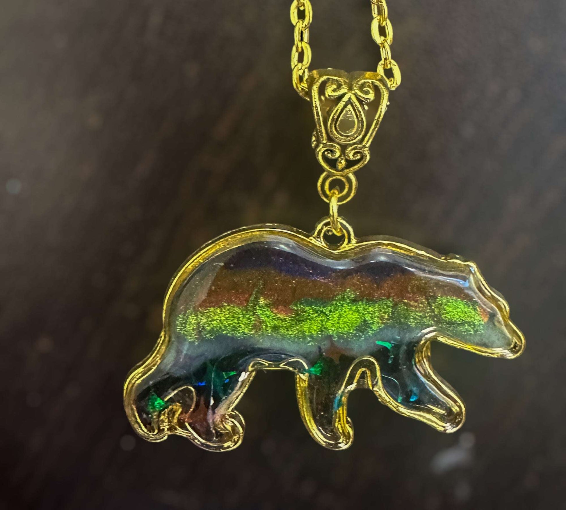 Northern Lights-Inspired Two Sided Bear Resin Pendant with Color Shift