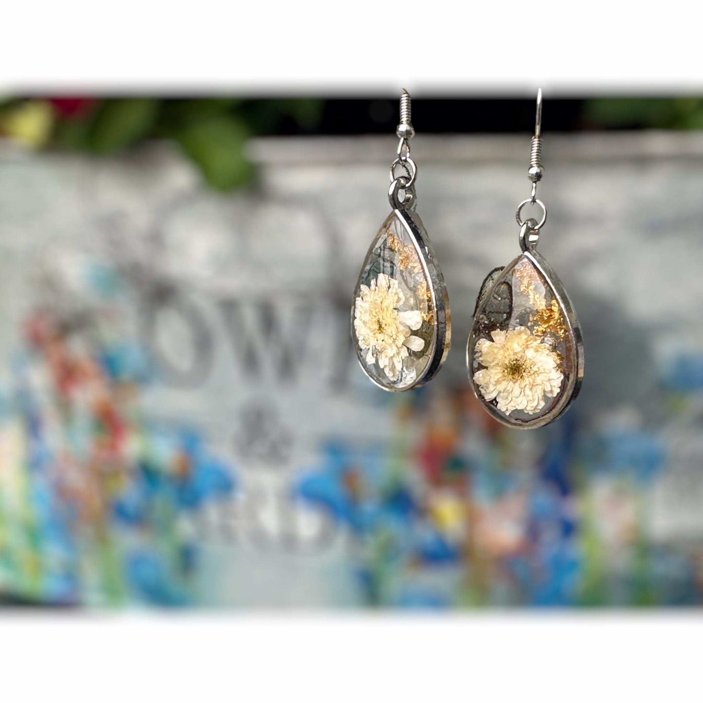 White Petal Dew Drop Floral Earring Set - Handmade with Real Dried Flowers