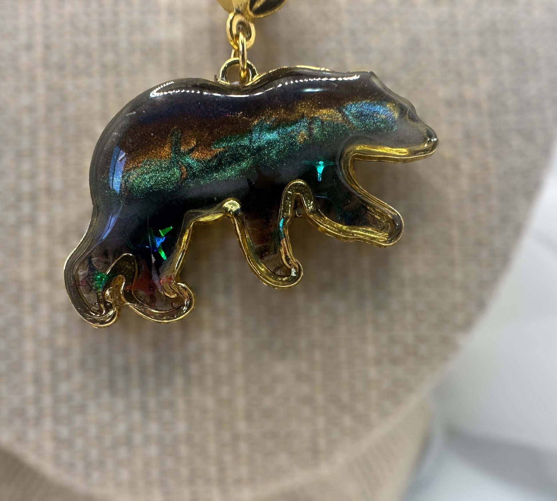 Northern Lights-Inspired Two Sided Bear Resin Pendant with Color Shift