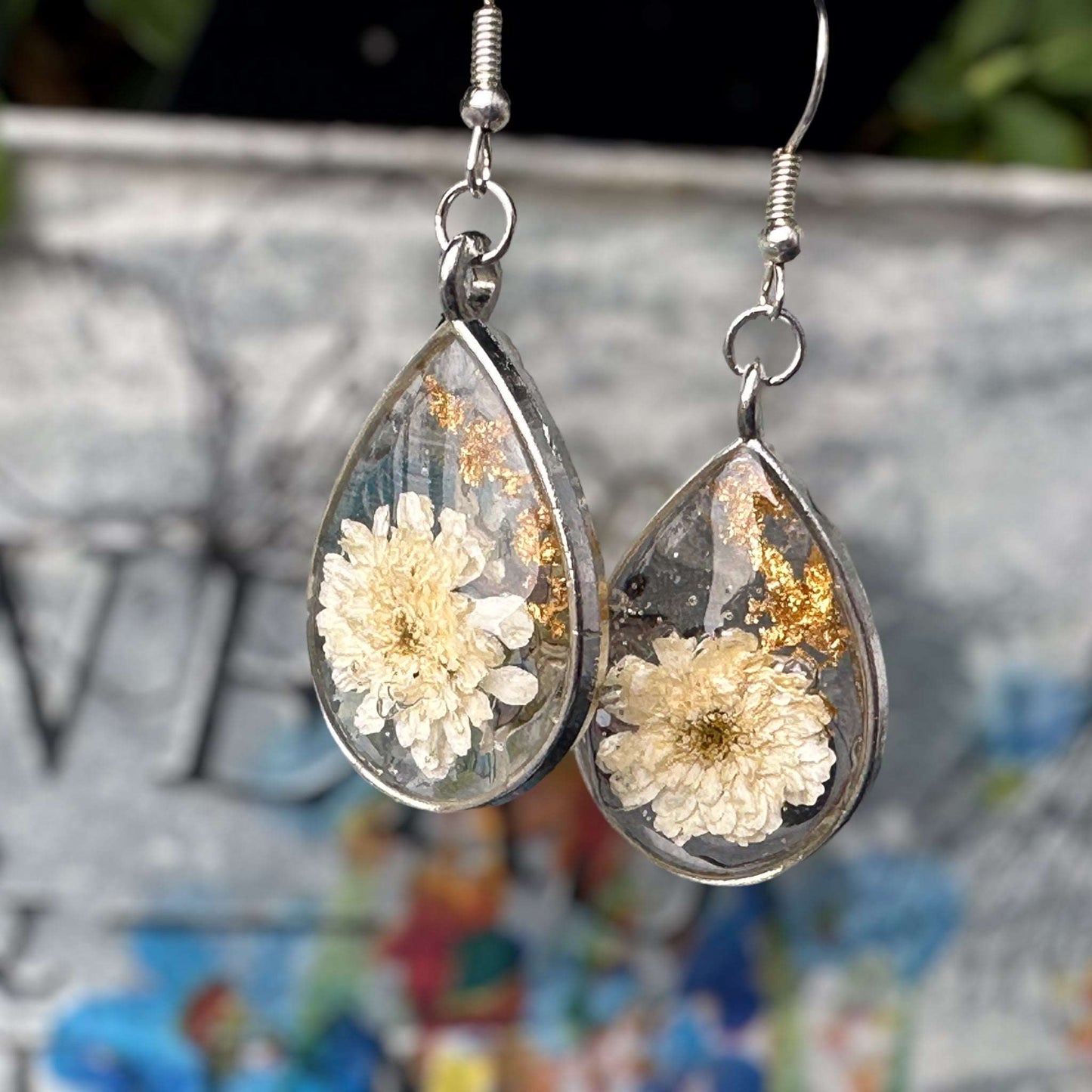 White Petal Dew Drop Floral Earring Set - Handmade with Real Dried Flowers