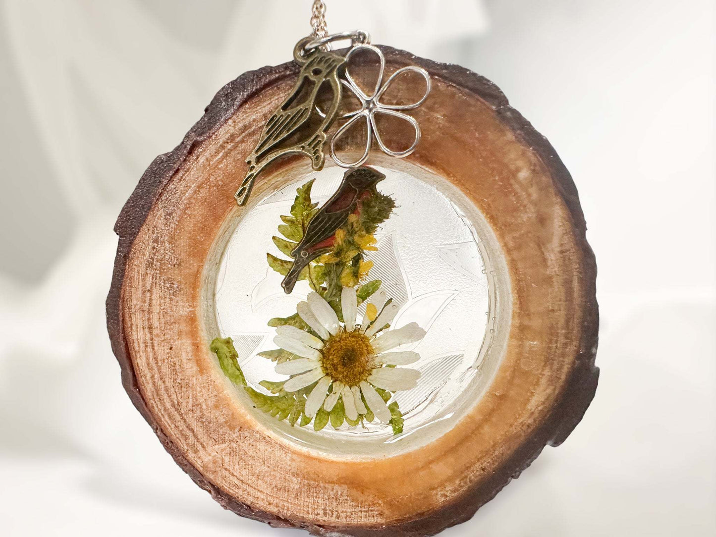 Enchanted Forest: Wood Slice Suncatcher wtih Real Dried Mushrooms and Flowers