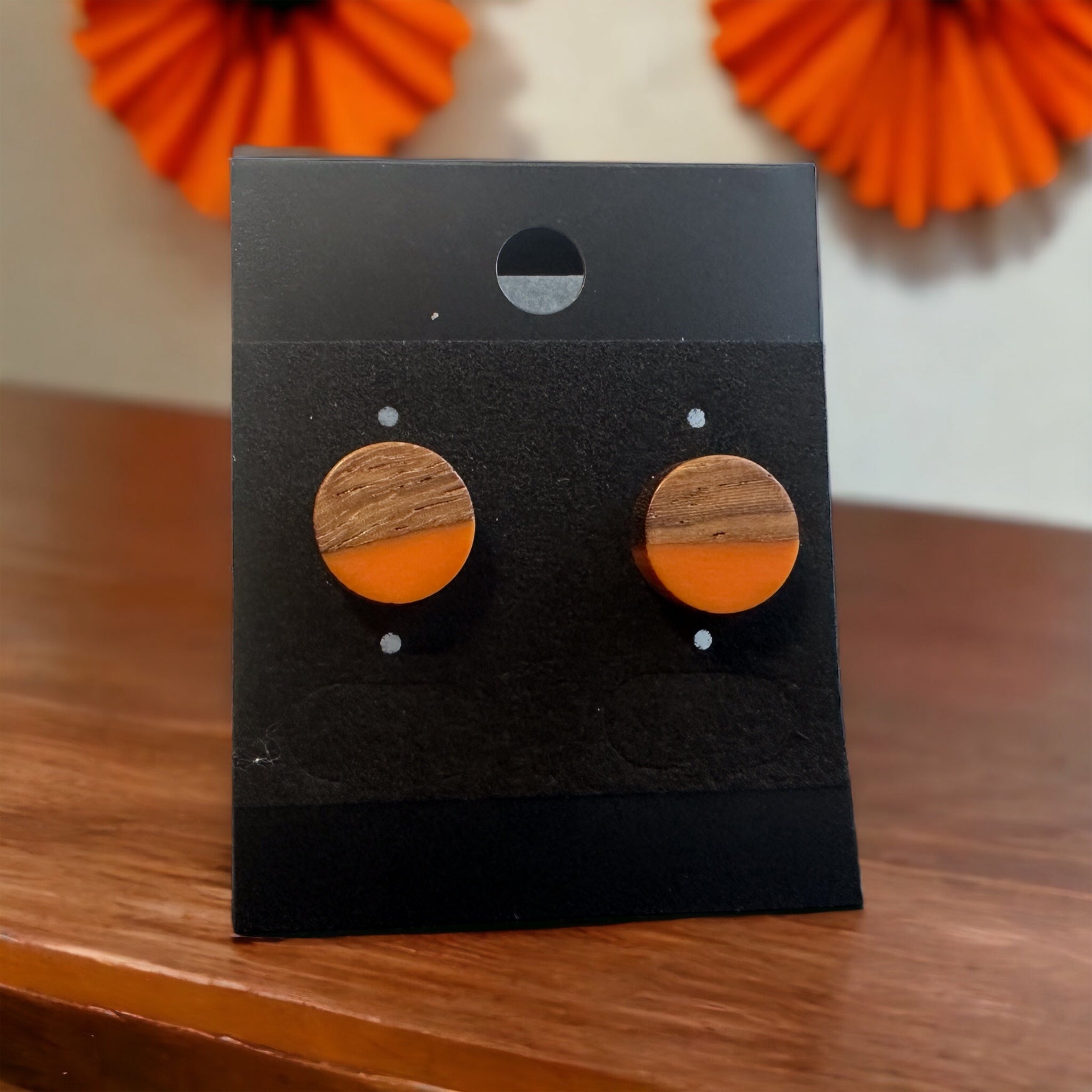 Earring Boho Wood & Resin Stud Earring Set - Brown/Orange /Red Tones