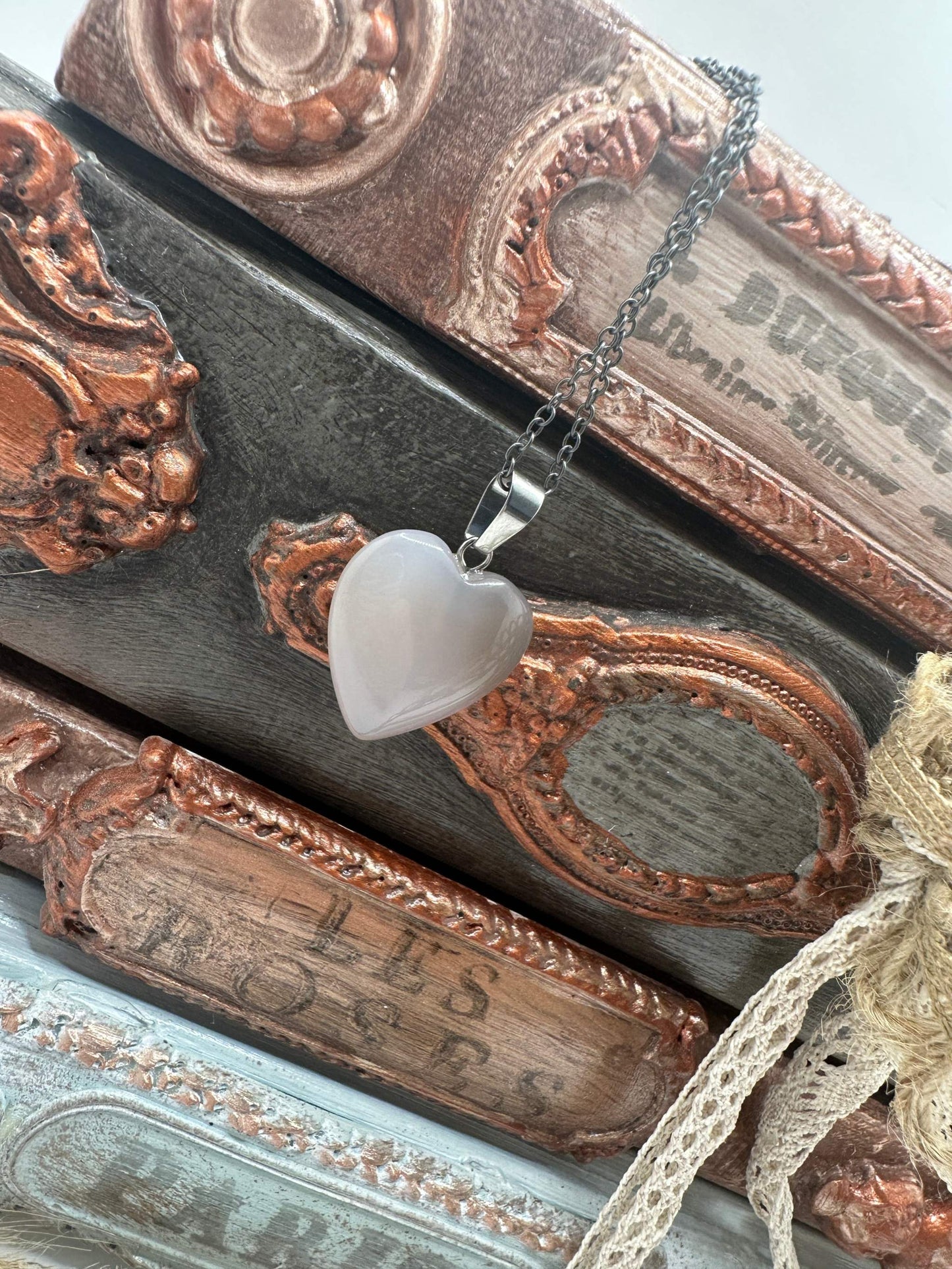 Healing Heart Crystal Pendant Necklace - Gray Agate